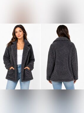 PJ Salvage Teddy Faux Fur Jacket Women’s Large Gray Cozy Open Front Coat